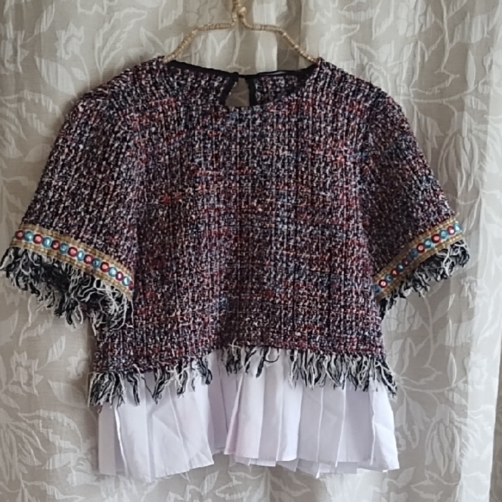 Zara Multicolor Tweed Blouse with Fringe and Bead Accents